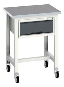 verso mobile workstand with 1 drawer cabinet & lino top. WxDxH: 700x600x930mm. RAL 7035/5010 or selected Verso Mobile Work Benches for assembly and production